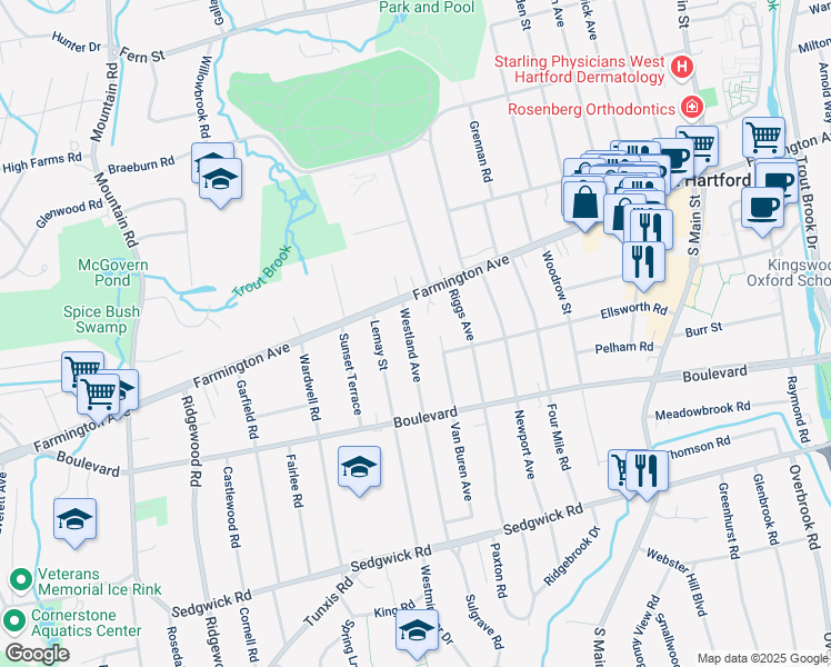 map of restaurants, bars, coffee shops, grocery stores, and more near 26 Westland Avenue in West Hartford