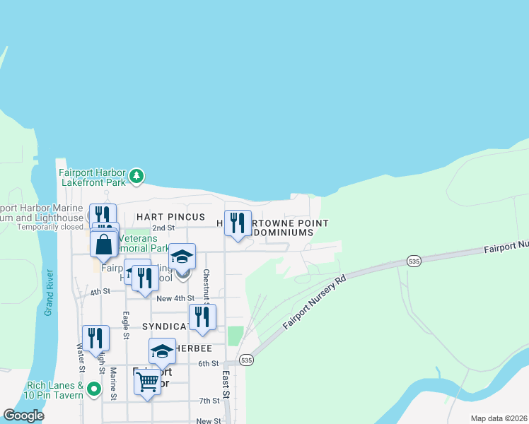 map of restaurants, bars, coffee shops, grocery stores, and more near 657 2nd Street in Fairport Harbor