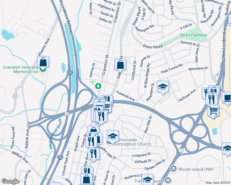 map of restaurants, bars, coffee shops, grocery stores, and more near 586 Oaklawn Avenue in Cranston