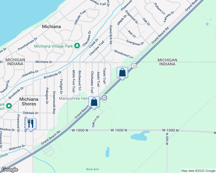 map of restaurants, bars, coffee shops, grocery stores, and more near 208 Grand Beach Road in Michigan City