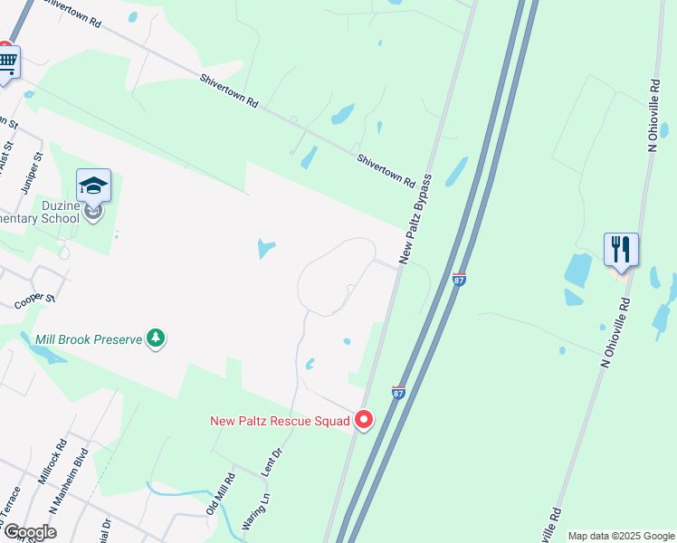 map of restaurants, bars, coffee shops, grocery stores, and more near 100 Woodland Pond Circle in New Paltz