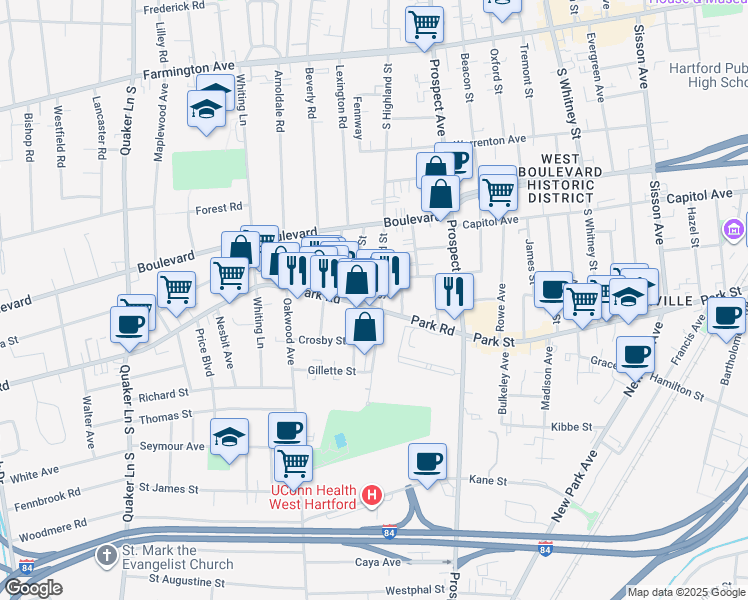 map of restaurants, bars, coffee shops, grocery stores, and more near 75 Park Road in West Hartford