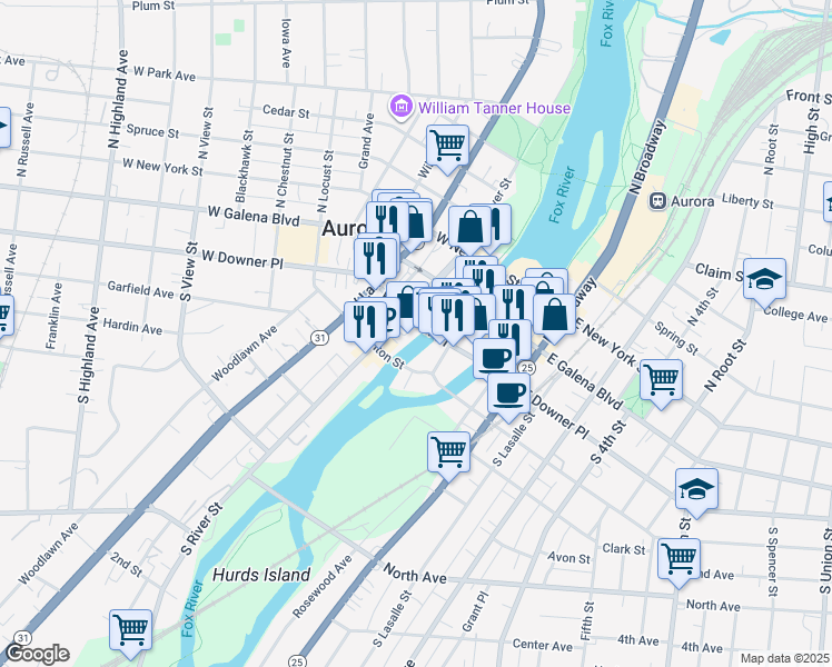 map of restaurants, bars, coffee shops, grocery stores, and more near 67 South Stolp Avenue in Aurora