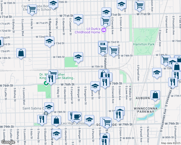 map of restaurants, bars, coffee shops, grocery stores, and more near 7500 South Peoria Street in Chicago