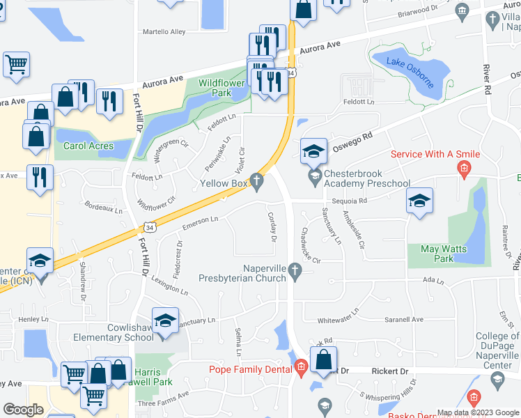map of restaurants, bars, coffee shops, grocery stores, and more near 803 Corday Drive in Naperville