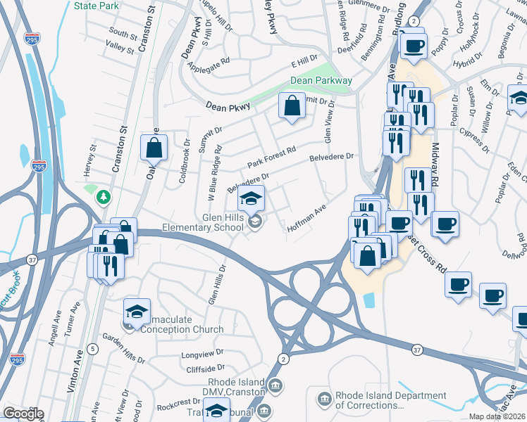 map of restaurants, bars, coffee shops, grocery stores, and more near 50 Glen Hills Drive in Cranston