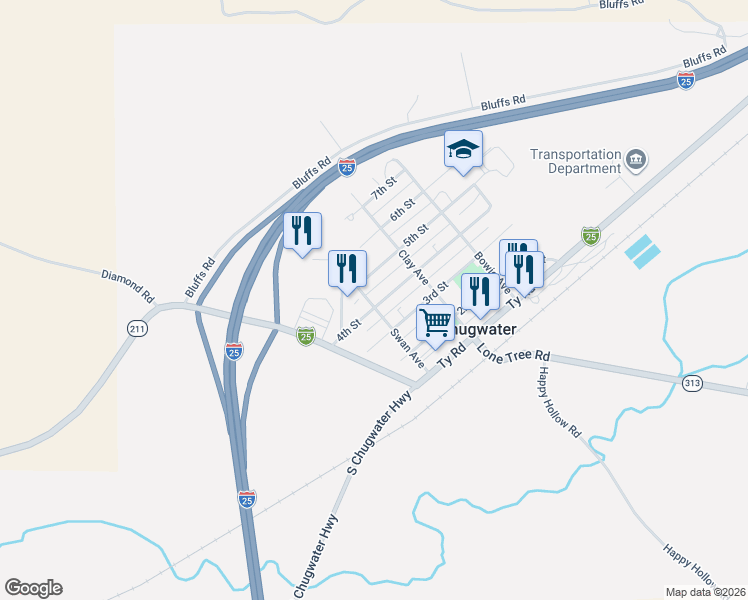 map of restaurants, bars, coffee shops, grocery stores, and more near 301-399 Swan Ave in Chugwater