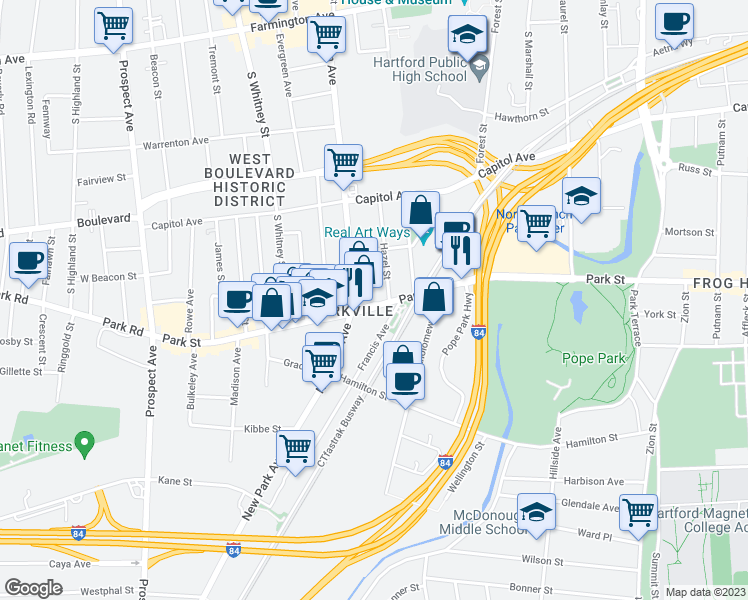 map of restaurants, bars, coffee shops, grocery stores, and more near 1618 Park Street in Hartford