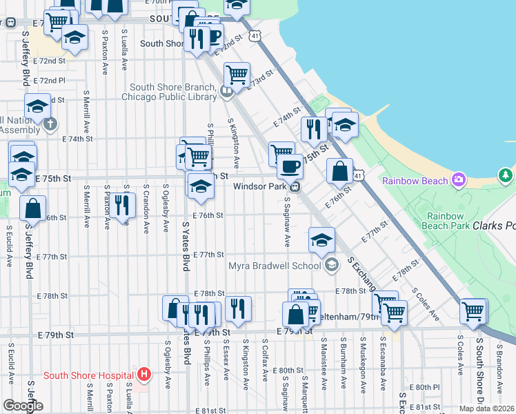 map of restaurants, bars, coffee shops, grocery stores, and more near 7550 South Colfax Avenue in Chicago