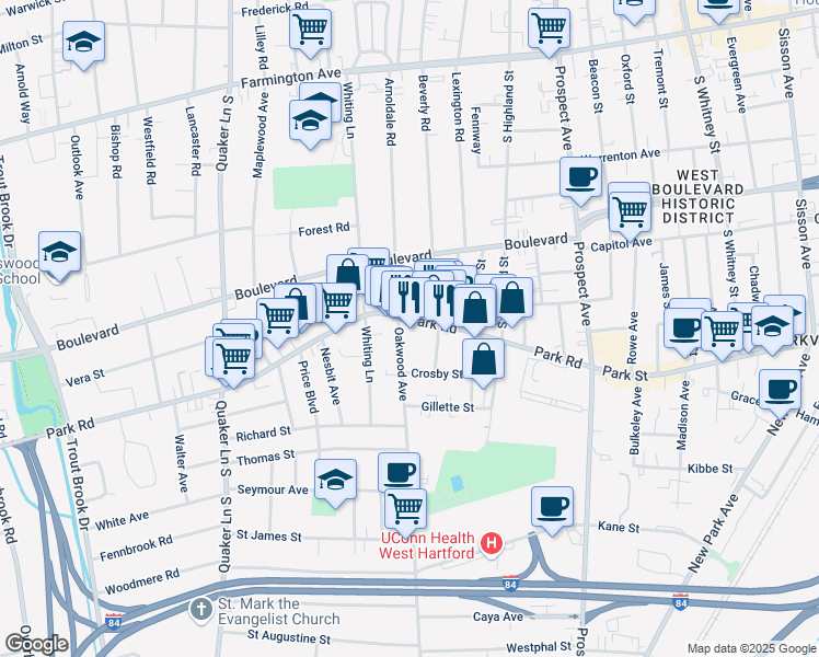 map of restaurants, bars, coffee shops, grocery stores, and more near 21 Kingston Street in West Hartford