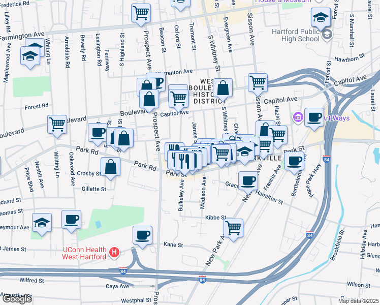 map of restaurants, bars, coffee shops, grocery stores, and more near 37 Dorothy Street in Hartford