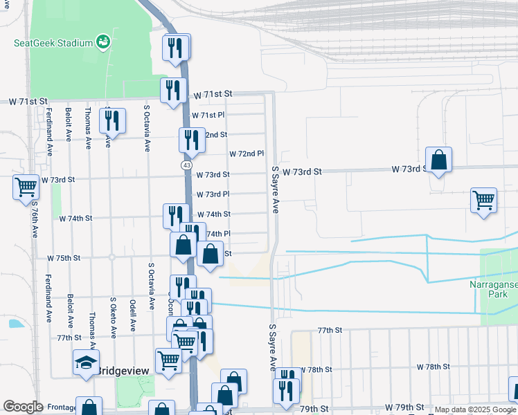map of restaurants, bars, coffee shops, grocery stores, and more near 7000 West 74th Place in Chicago