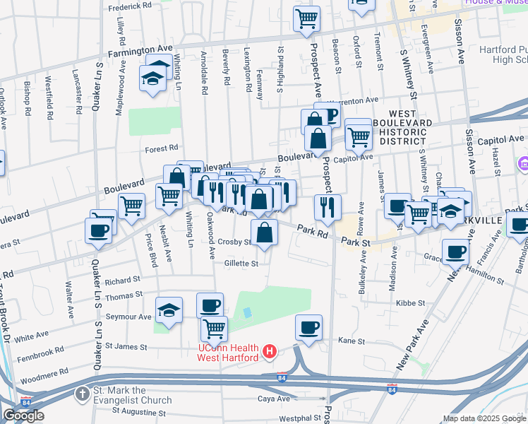 map of restaurants, bars, coffee shops, grocery stores, and more near 75 Park Road in West Hartford