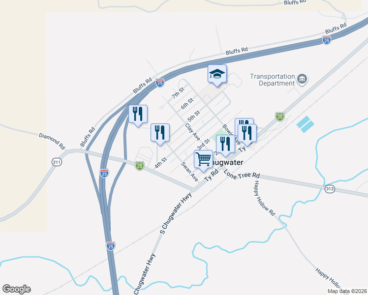map of restaurants, bars, coffee shops, grocery stores, and more near 201-299 3rd St in Chugwater