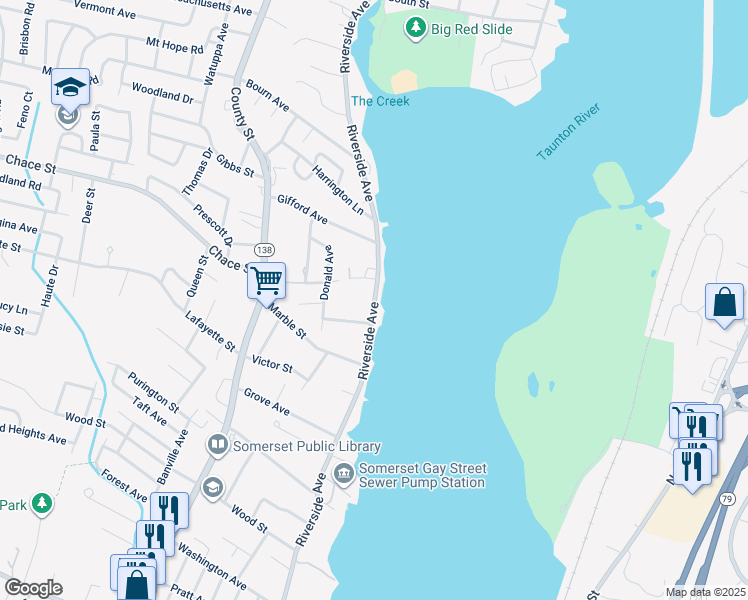 map of restaurants, bars, coffee shops, grocery stores, and more near 3470 Riverside Avenue in Somerset