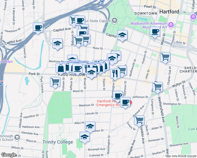 map of restaurants, bars, coffee shops, grocery stores, and more near 27 Wolcott Street in Hartford