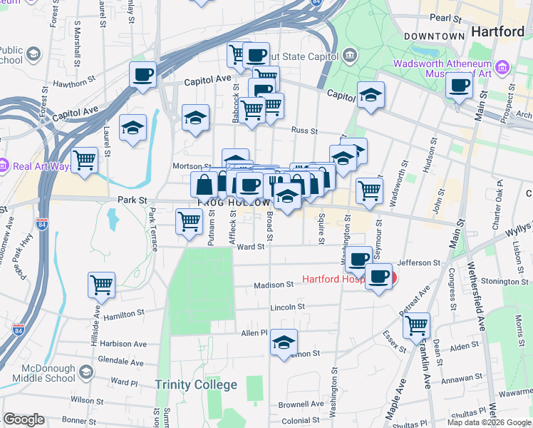 map of restaurants, bars, coffee shops, grocery stores, and more near 912 Broad Street in Hartford