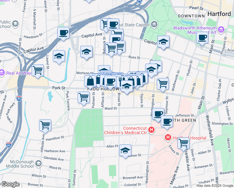 map of restaurants, bars, coffee shops, grocery stores, and more near 912 Broad Street in Hartford