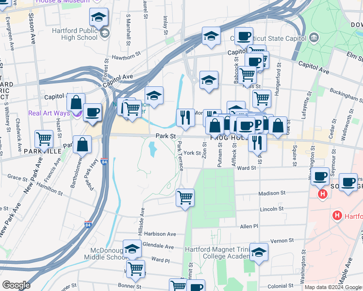 map of restaurants, bars, coffee shops, grocery stores, and more near 49 York Street in Hartford