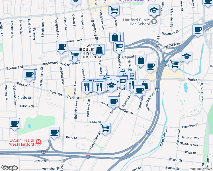 map of restaurants, bars, coffee shops, grocery stores, and more near in Hartford