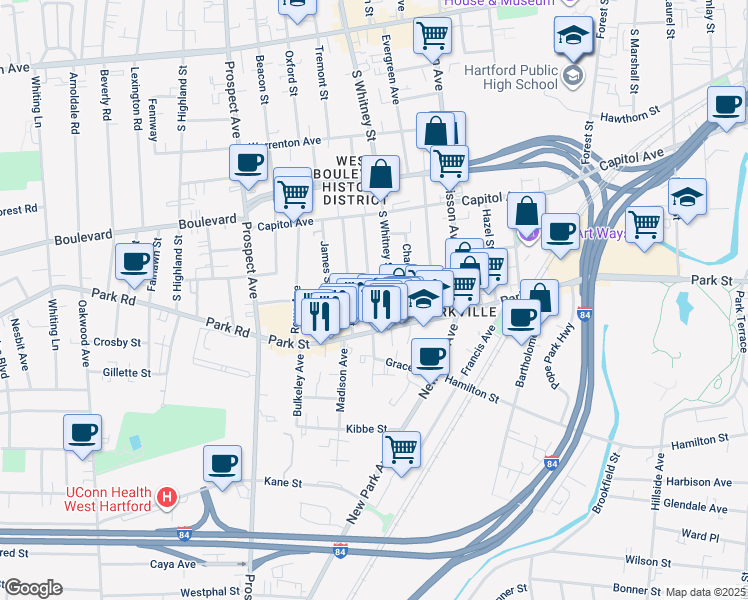 map of restaurants, bars, coffee shops, grocery stores, and more near 1850 Park Street in Hartford