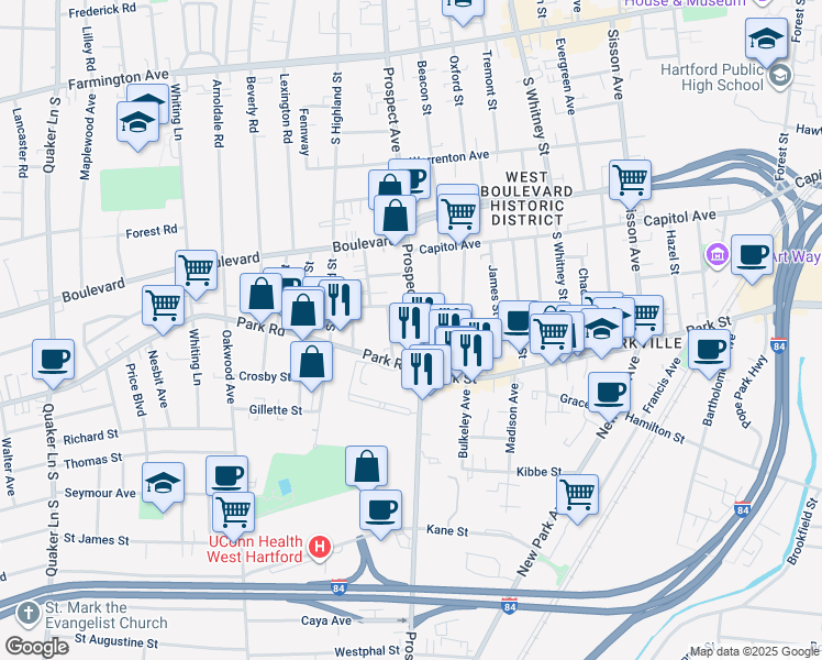 map of restaurants, bars, coffee shops, grocery stores, and more near 18 Park Road in West Hartford