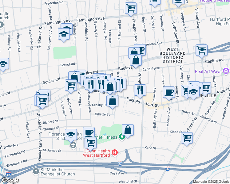 map of restaurants, bars, coffee shops, grocery stores, and more near 75 Park Road in West Hartford