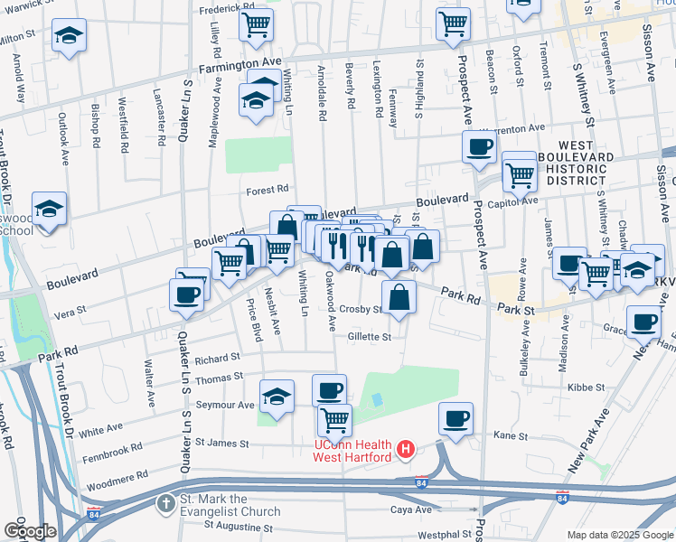 map of restaurants, bars, coffee shops, grocery stores, and more near 21 Kingston Street in West Hartford
