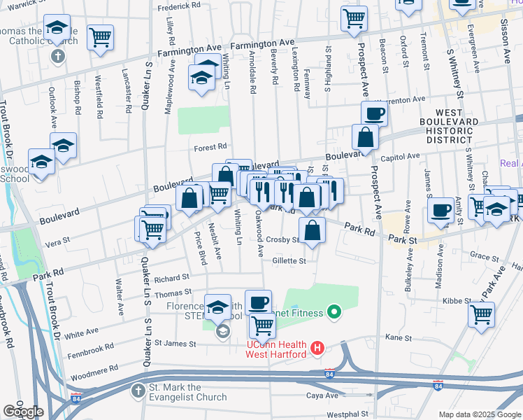 map of restaurants, bars, coffee shops, grocery stores, and more near 21 Kingston Street in West Hartford