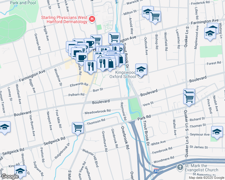map of restaurants, bars, coffee shops, grocery stores, and more near 1564 Boulevard in West Hartford