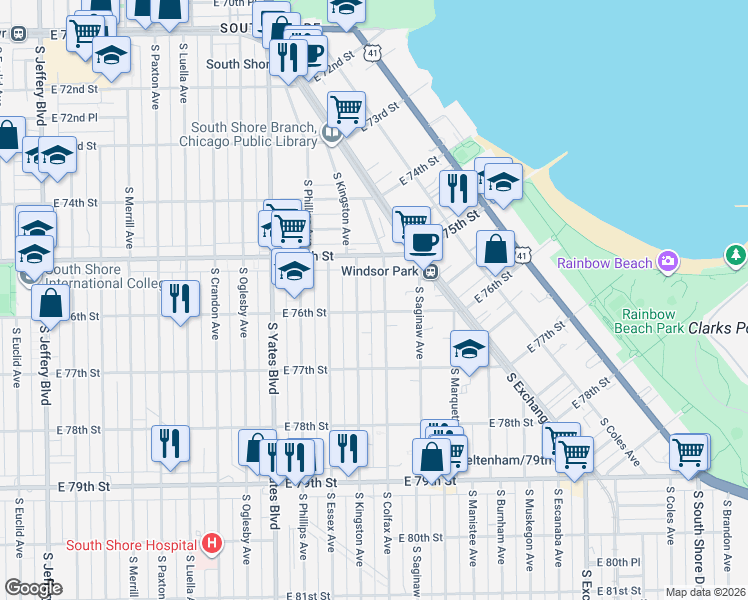 map of restaurants, bars, coffee shops, grocery stores, and more near 2543 East 76th Street in Chicago