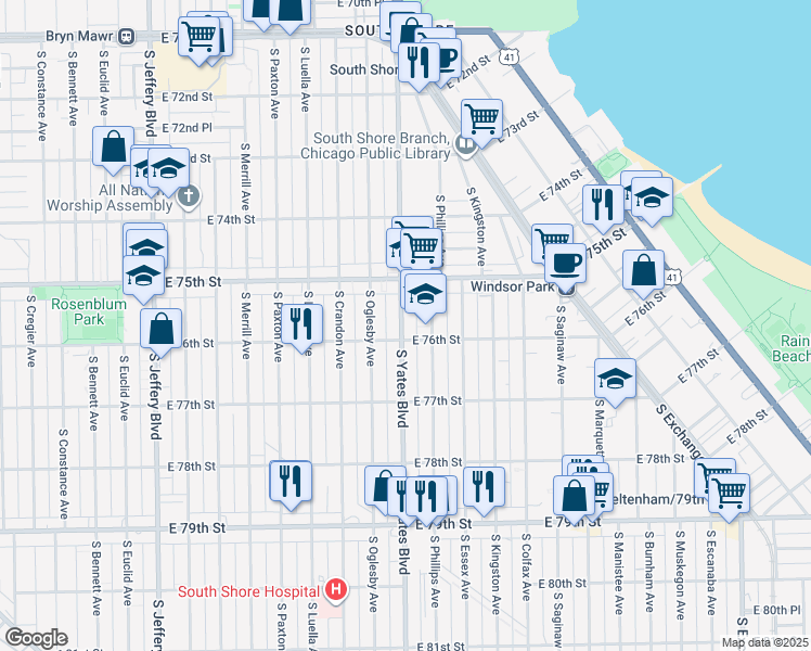 map of restaurants, bars, coffee shops, grocery stores, and more near 7604 South Phillips Avenue in Chicago
