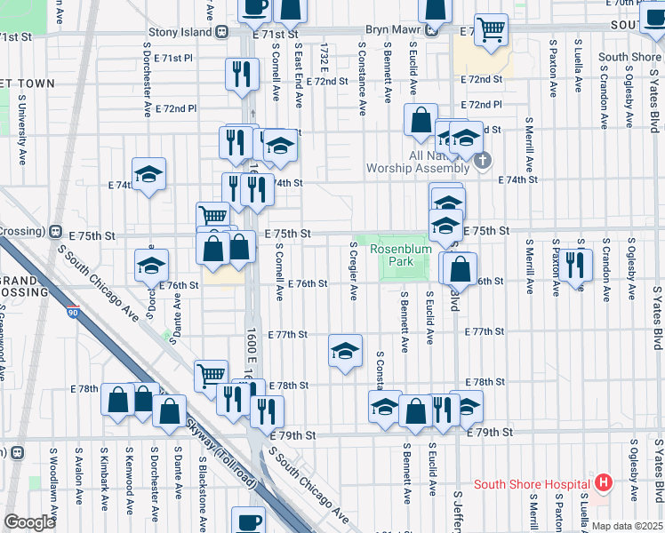 map of restaurants, bars, coffee shops, grocery stores, and more near 7559 South Ridgeland Avenue in Chicago