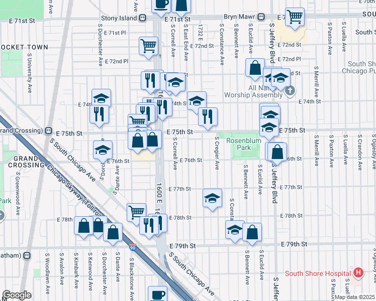 map of restaurants, bars, coffee shops, grocery stores, and more near 7600 South East End Avenue in Chicago