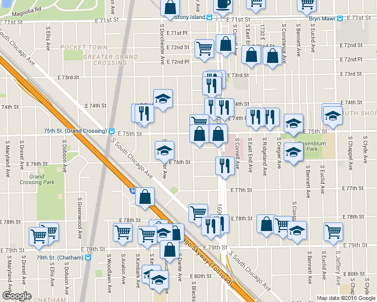 map of restaurants, bars, coffee shops, grocery stores, and more near 1500 East 76th Street in Chicago