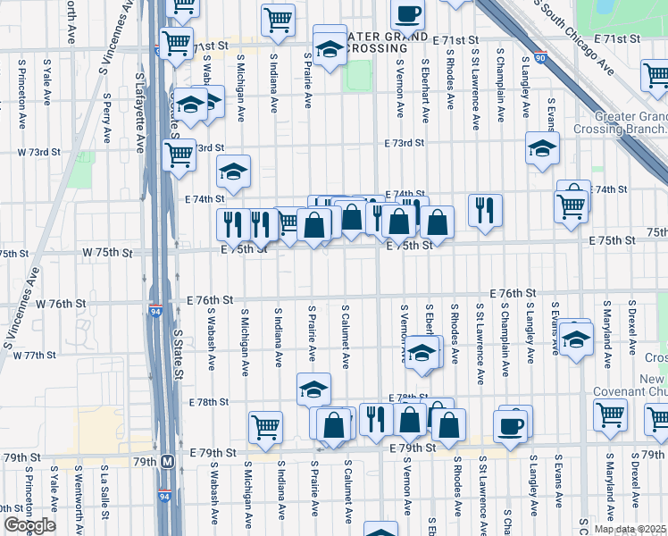 map of restaurants, bars, coffee shops, grocery stores, and more near 7545 South Calumet Avenue in Chicago