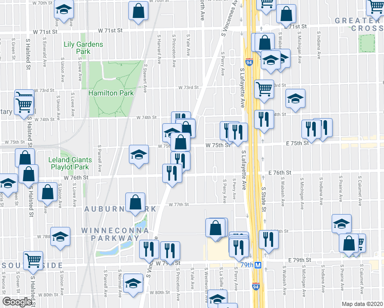 map of restaurants, bars, coffee shops, grocery stores, and more near 7534 South Wentworth Avenue in Chicago