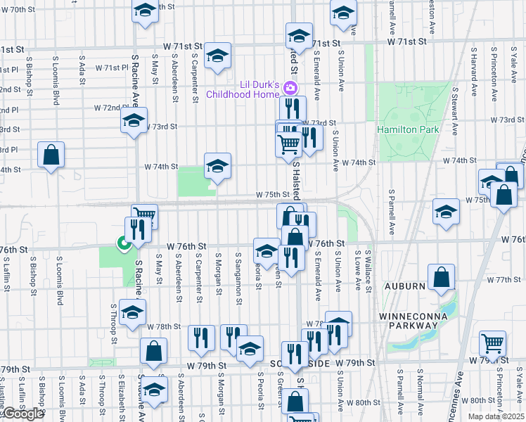 map of restaurants, bars, coffee shops, grocery stores, and more near 7523 South Peoria Street in Chicago