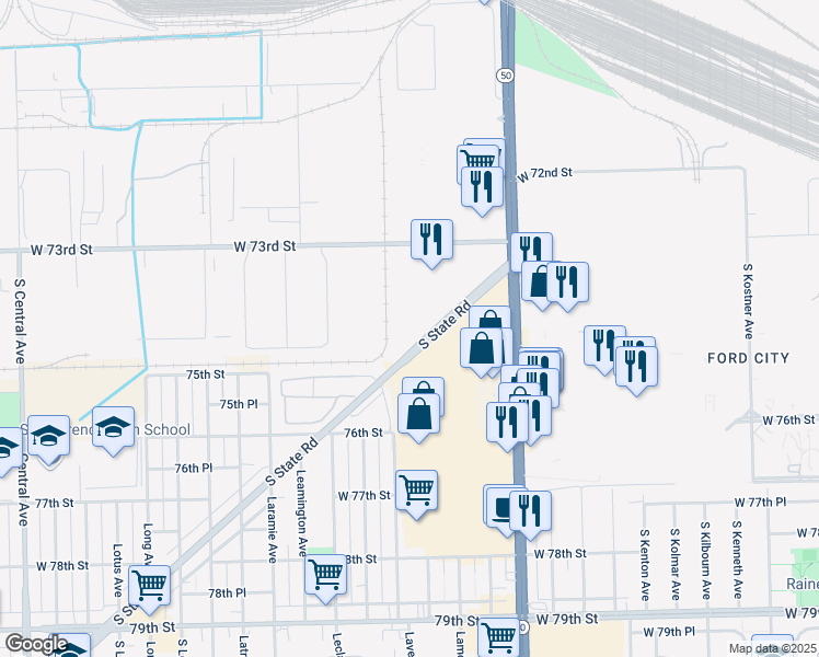 map of restaurants, bars, coffee shops, grocery stores, and more near 7528 Latrobe Avenue in Bedford Park