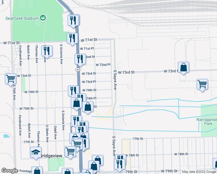 map of restaurants, bars, coffee shops, grocery stores, and more near 7000 West 74th Place in Chicago