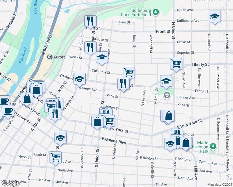 map of restaurants, bars, coffee shops, grocery stores, and more near 156 North State Street in Aurora