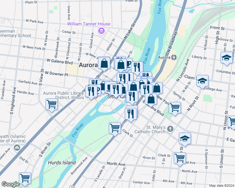 map of restaurants, bars, coffee shops, grocery stores, and more near in Aurora
