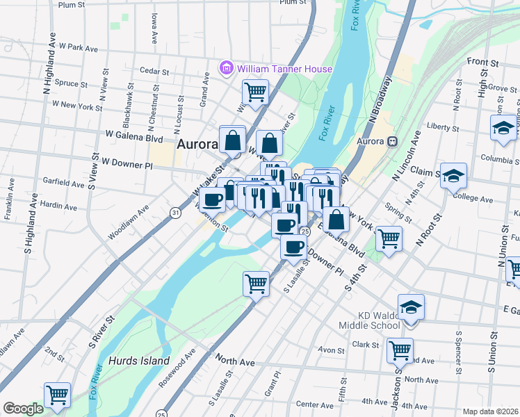 map of restaurants, bars, coffee shops, grocery stores, and more near 1 West Downer Place in Aurora