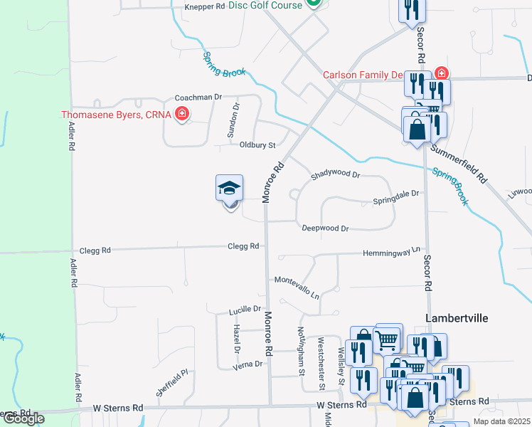 map of restaurants, bars, coffee shops, grocery stores, and more near 7979 Monroe Road in Lambertville
