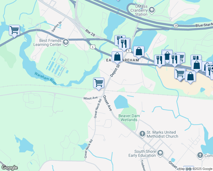 map of restaurants, bars, coffee shops, grocery stores, and more near 27 Depot Street in Wareham