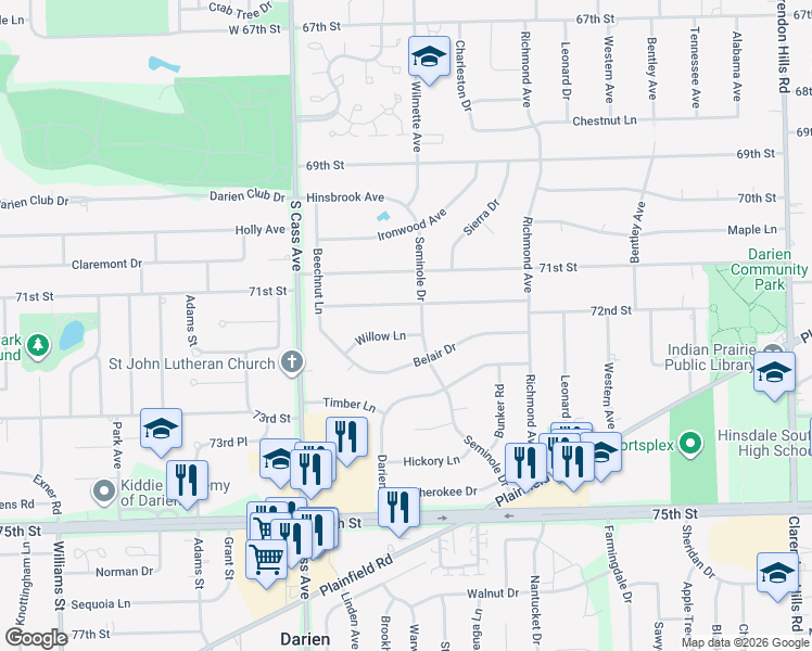 map of restaurants, bars, coffee shops, grocery stores, and more near 1017 Willow Lane in Darien