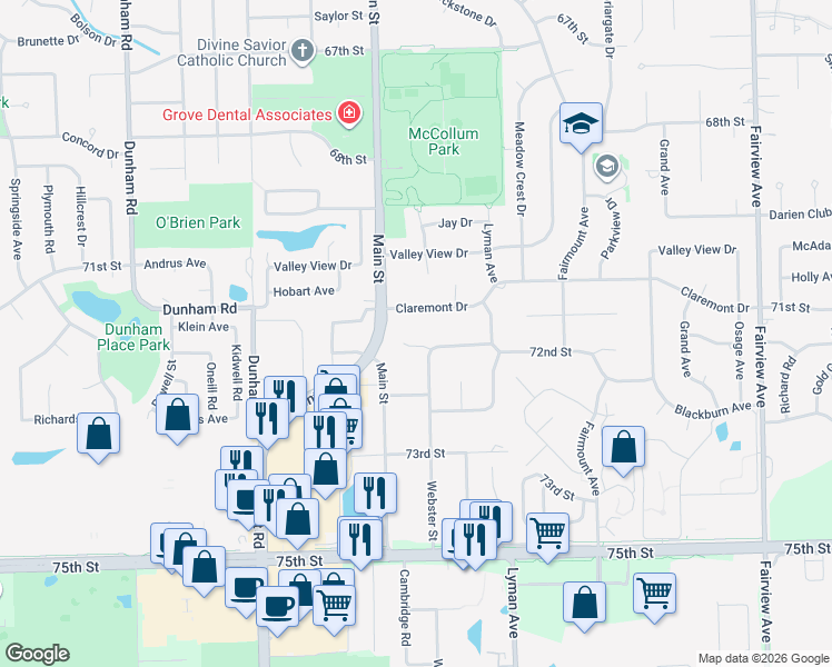 map of restaurants, bars, coffee shops, grocery stores, and more near 7200 Webster Street in Downers Grove