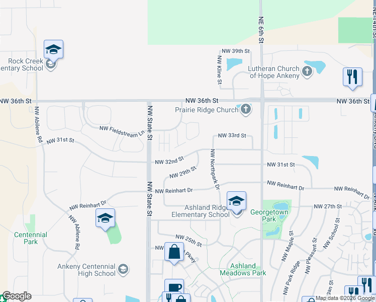 map of restaurants, bars, coffee shops, grocery stores, and more near 1880 Northwest 32nd Street in Ankeny