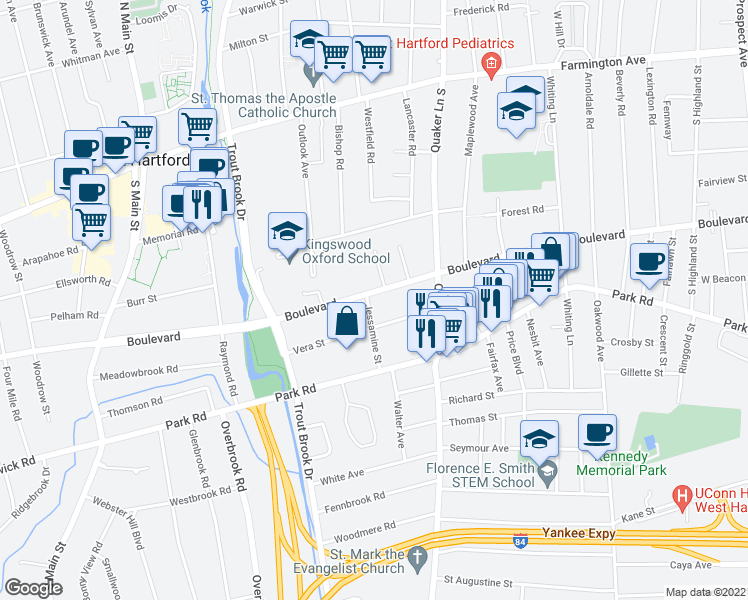 map of restaurants, bars, coffee shops, grocery stores, and more near 62 Jessamine Street in West Hartford