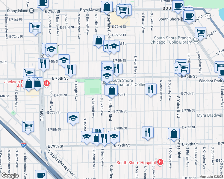 map of restaurants, bars, coffee shops, grocery stores, and more near 7601 South Jeffery Boulevard in Chicago